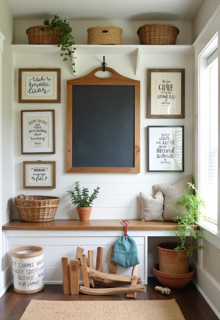 27 Cozy Farmhouse Mudroom Ideas - 8. Creative Wall Art