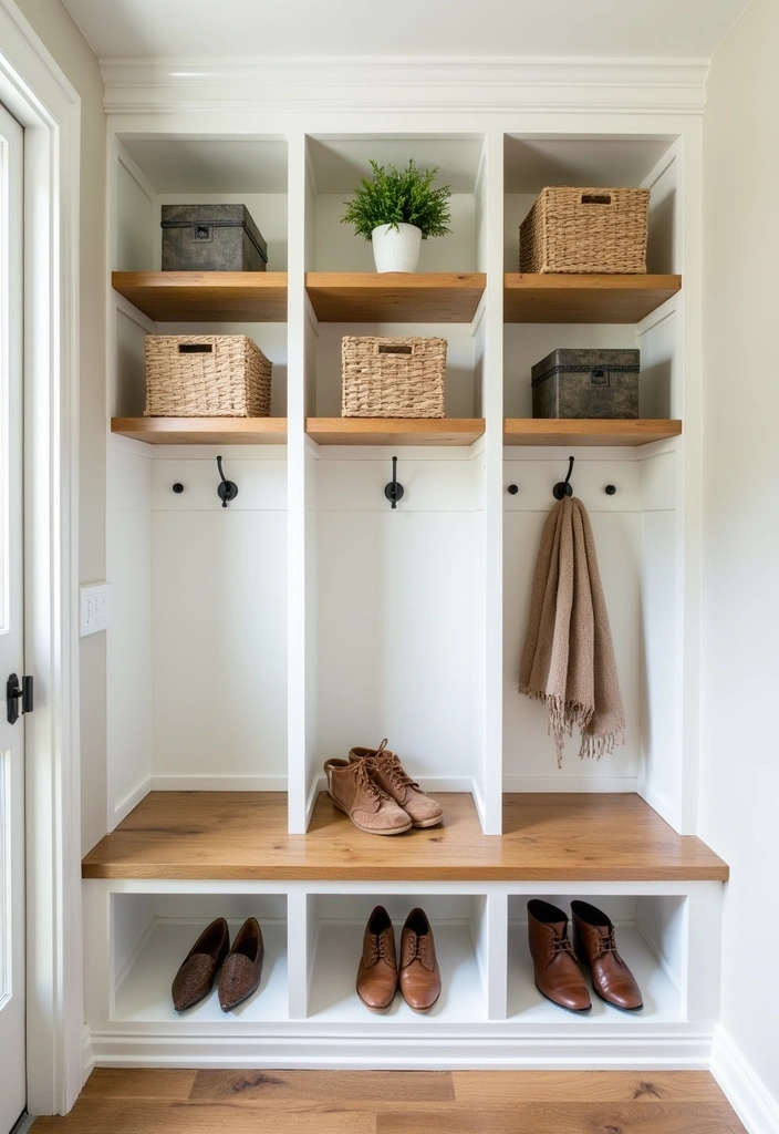 27 Cozy Farmhouse Mudroom Ideas - 9. Built-in Shelving