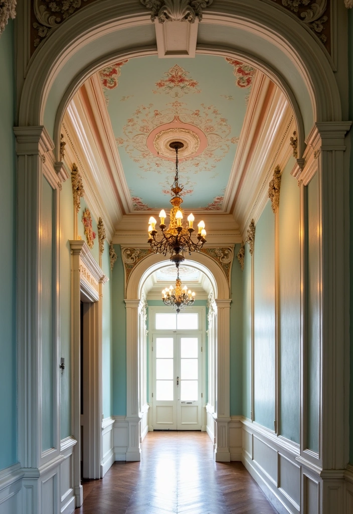 27 Stunning Victorian Hallway Ideas to Elevate Your Home Decor - 20. Artistic Ceiling Designs